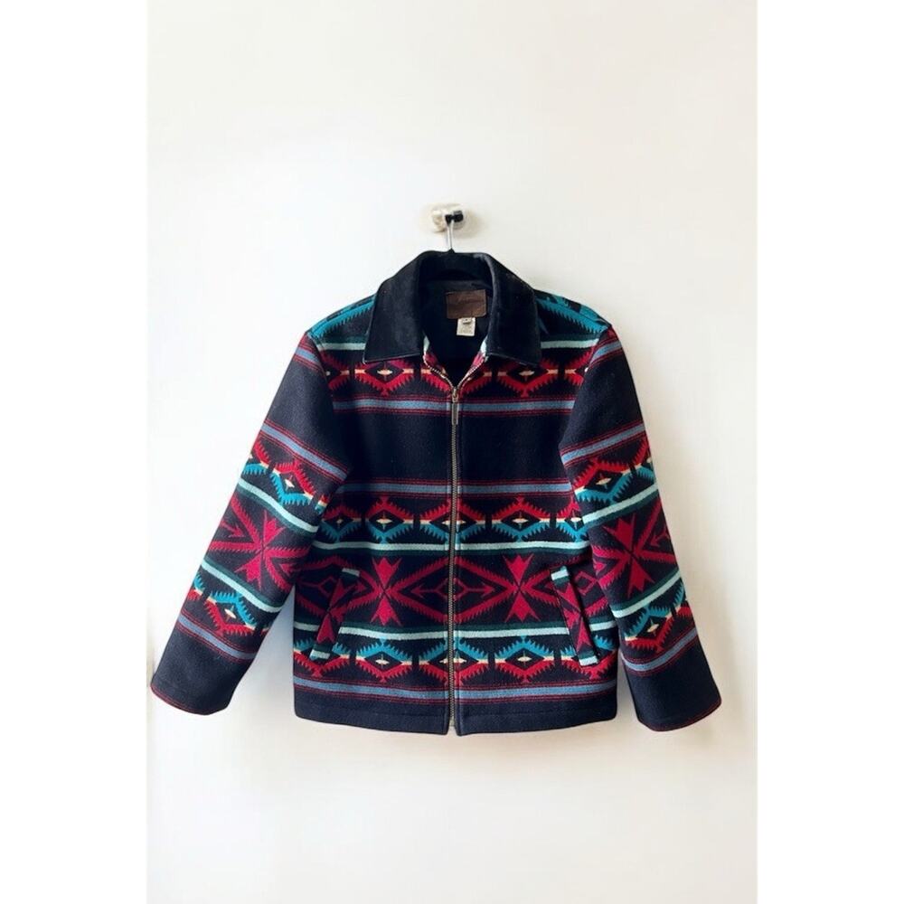 Pendleton Wool Black Red Blue Coat Jacket Aztec Southwestern